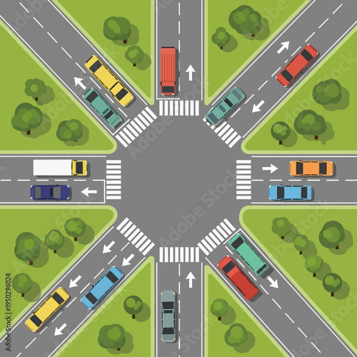 Busy intersection with cars, trucks, and traffic lights, top view