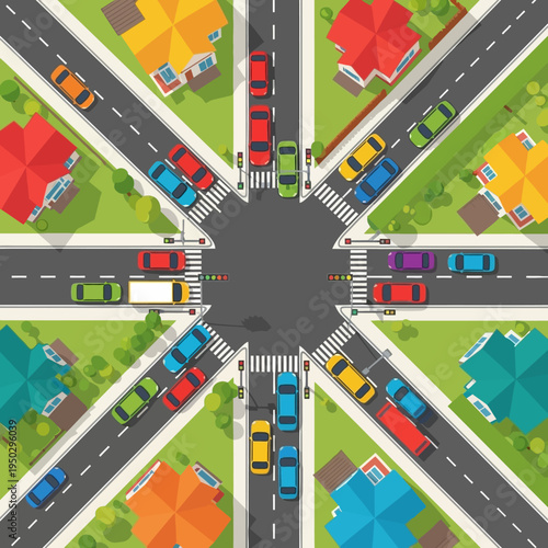 Busy Intersection with Traffic and Houses, Aerial View