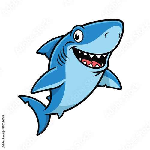 Smiling blue shark cartoon character swimming on white background