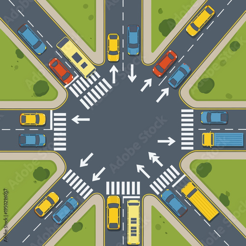 Busy intersection with traffic flow, cars and pedestrian crossings, urban transport concept