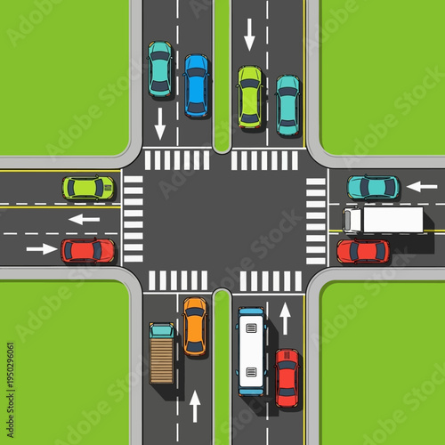 Busy Intersection with Traffic and Pedestrian Crossings