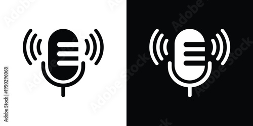 Retro microphone icon with radio waves representing live broadcasting, recording, or voice activation. Dynamic black and white style for podcasts, radio, and streaming media.