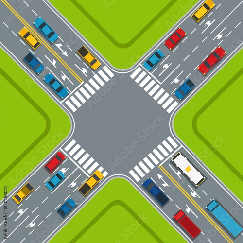 Busy intersection with traffic flow, cars and pedestrian crossings, urban transport concept