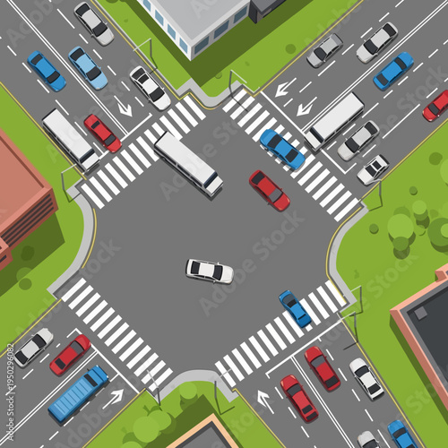 Busy intersection with traffic jam, cars and buses on road, urban transport congestion