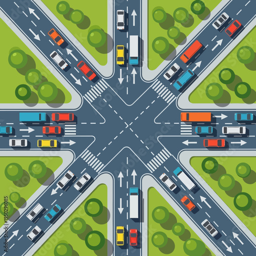 Busy intersection with traffic jam, cars and trucks, top view, urban city street, congestion