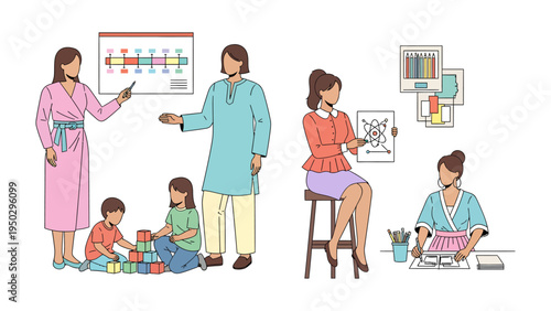 Interactive Learning Environment: Depicting various scenes of educational engagement, teachers facilitate diverse learning experiences, from building blocks to creative art projects.