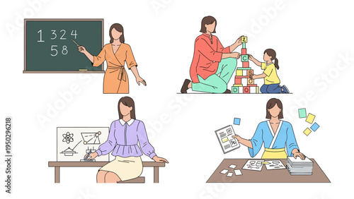 Diverse Teacher Actions: Capturing the essence of education, this illustration showcases a teacher engaged in various activities.