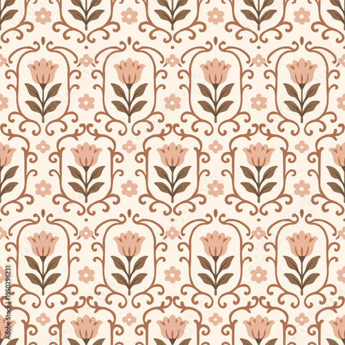 Vintage ornamental floral seamless pattern with tulip flowers and decorative frames on beige background classic botanical repeating design for fabric textile wallpaper.