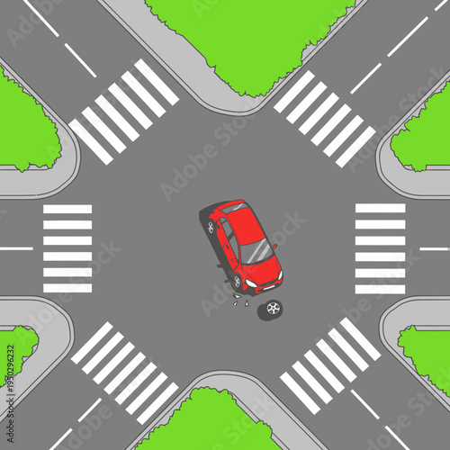 Red car crashed at intersection, wheel detached, traffic accident concept