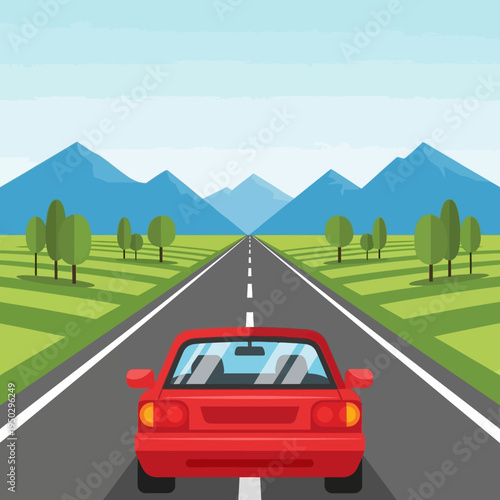 Red car driving on open highway road with green landscape and mountains background