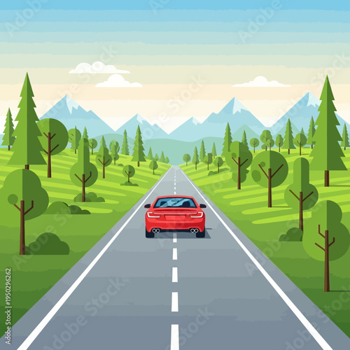 Red car driving on scenic highway through green landscape with mountains