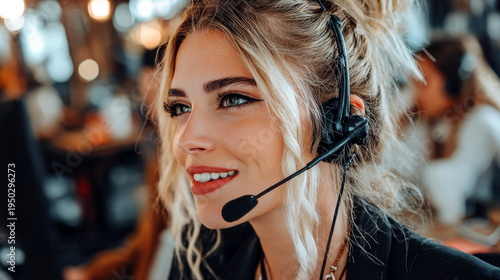 Call center worker helps customers with inquiries during busy hours in a modern office setting