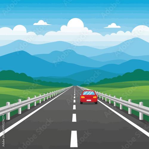 Red car driving on a scenic highway through mountains and green fields under a blue sky with clouds.