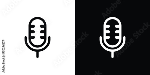 Minimalist outline microphone icon set on white and black backgrounds. Simple vector linear design for voice record, podcast, and audio interface. Clean stroke style for modern app UI.