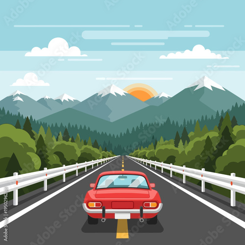 Red car driving on scenic mountain road at sunset, adventure and travel concept