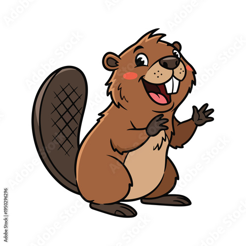 Friendly cartoon beaver character standing on hind legs with a cheerful expression and raised paw