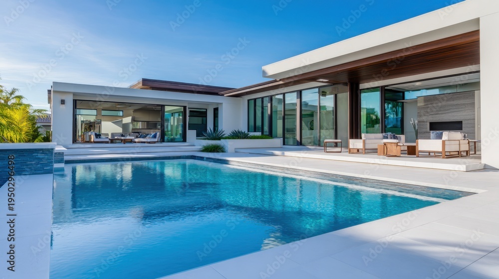 Fototapeta premium Modern home with a sleek design overlooking a clear pool under a bright blue sky
