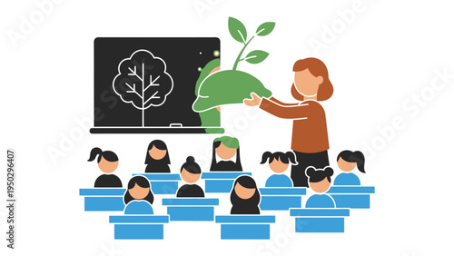 Education for Environment: A teacher presents a growing plant to a class of young learners, highlighting the importance of nature and environmental stewardship.