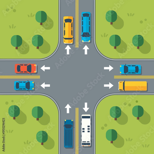 Busy intersection with cars and buses, traffic flow, crossroads, urban transport