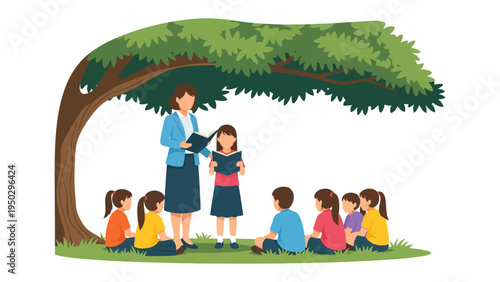 Under the Reading Tree: A dedicated teacher leads a group of eager students in a captivating outdoor reading session, fostering a love for learning under the shade of a sheltering tree.