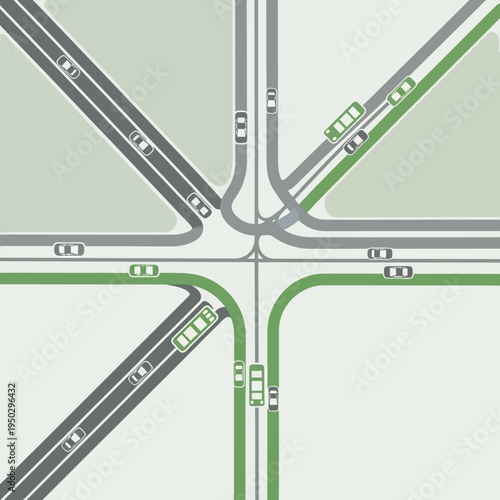 Busy intersection with cars and buses, urban traffic, city crossroads, transportation concept