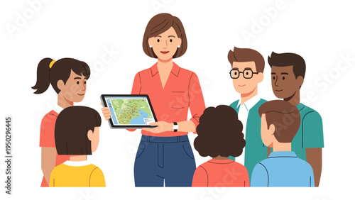 Digital Guidance: A supportive female instructor guides a diverse group, each captivated by a tablet display showcasing a detailed map, facilitating shared exploration and learning.