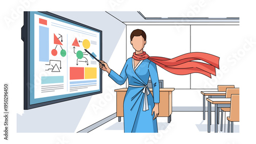 Classroom Presentation: A focused teacher in a vibrant classroom delivers an engaging presentation. With a poised demeanor.