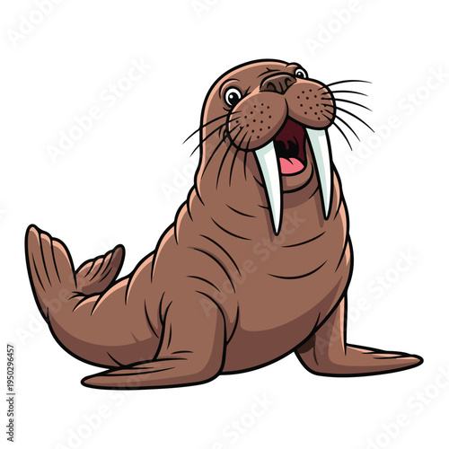 Cartoon walrus with open mouth and tusks on white background