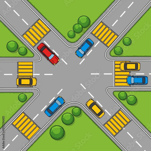 Busy intersection with cars and crosswalks, urban traffic scene