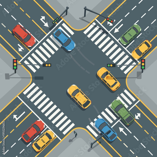 Busy intersection with cars and traffic lights, urban traffic flow