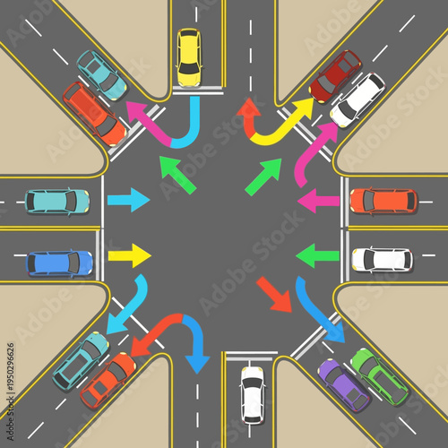 Busy intersection with cars making various turns and traffic flow arrows