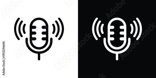 Minimalist outline microphone icon with signal rays. Vector linear design for live streaming, active voice recording, and podcasting. Modern UI element for web and mobile app interfaces.