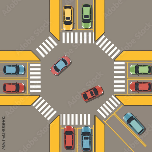 Busy intersection with cars navigating a roundabout, urban traffic flow concept