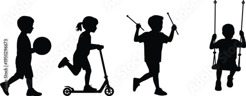 Children playing silhouettes set, kids with ball scooter drumsticks and swing isolated on white background