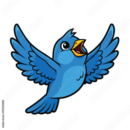 Blue cartoon bird with open beak and outstretched wings in mid flight