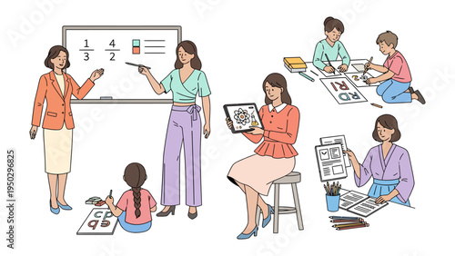 Artful Education Scene: A collection of educational scenarios unfolds, depicting a teacher guiding students through interactive lessons, with diverse techniques and settings. 