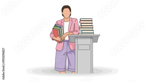 Knowledge and Authority: A poised figure stands before a lectern, clutching a stack of books, exuding an aura of intellect and preparedness, perfect for academics, speakers.