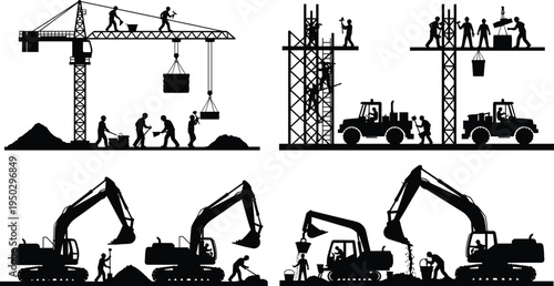 Construction site set cad drawing flat vector illustration with crane, excavators, scaffolding, trucks, and worker silhouettes isolated on white background.