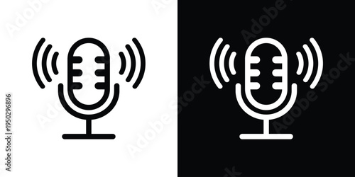 Minimalist outline microphone icon with signal rays. Vector linear design for live streaming, active voice recording, and podcasting. Modern UI element for web and mobile app interfaces.