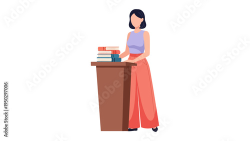 Knowledge Empowerment: A dedicated teacher prepares for a lecture, her gaze focused on the towering books before her. Standing behind a podium.