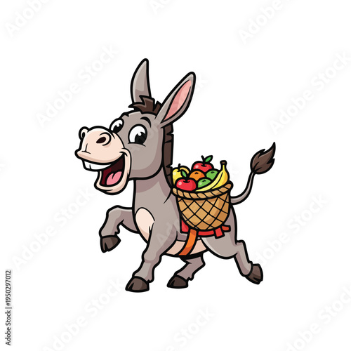 Donkey carrying basket full of fresh produce on its back running happily