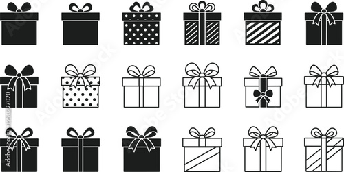 Gift box icons set cad drawing flat vector illustration with various present shapes, ribbons, and bows isolated on white background.