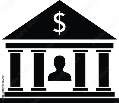 Bank building icon with dollar symbol, financial institution silhouette, banking service concept, money management, finance security, investment, economy symbol