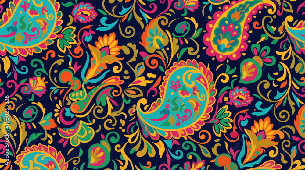 Fototapeta premium Vibrant and intricate paisley pattern with colorful floral and teardrop motifs on a dark background, showcasing traditional textile design.