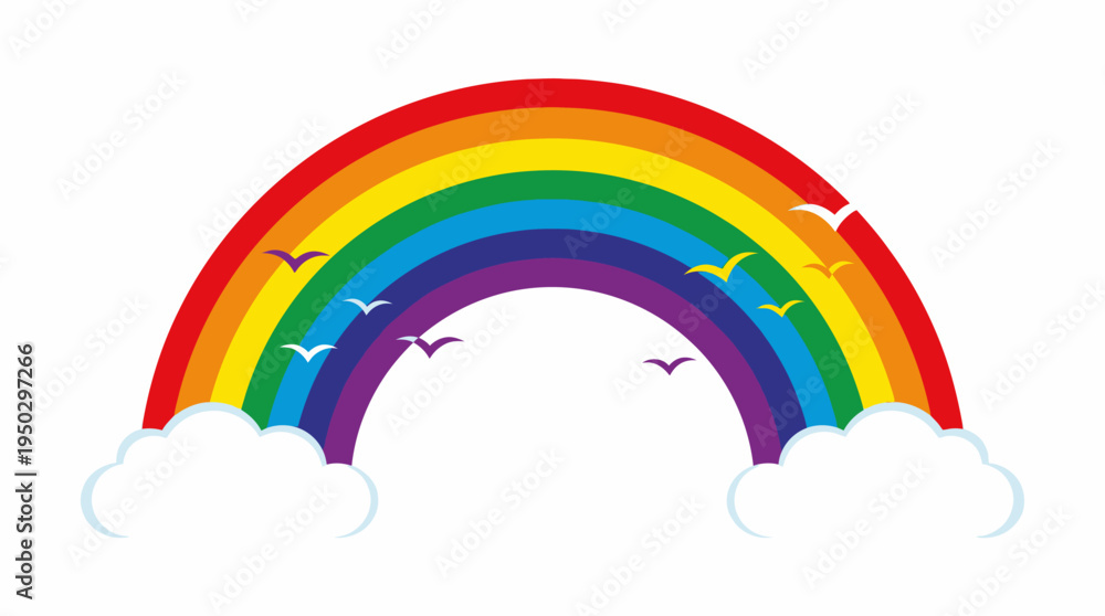 Fototapeta premium A colorful rainbow arching over fluffy white clouds with small birds flying in a clear sky, symbolizing hope and nature's beauty.