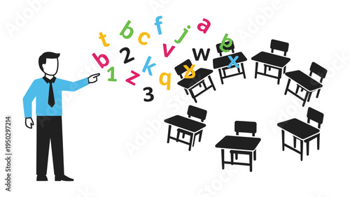 Unlocking Knowledge: A teacher guides students through an engaging lesson, words and numbers floating over desks in a dynamic educational scene.
