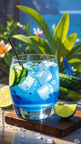 A refreshing blue cocktail with ice and lime on a wooden coaster