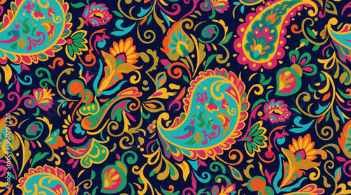 Vibrant and intricate paisley pattern with colorful floral and teardrop motifs on a dark background, showcasing traditional textile design.