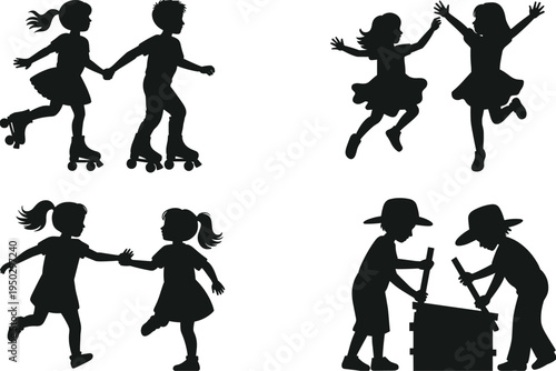 Children silhouettes collection, kids playing skating jumping and working isolated playful activity vector illustration set