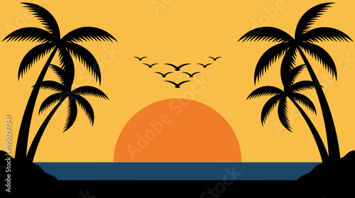 Minimalist vector illustration of a tropical sunset with silhouetted palm trees, a large orange sun setting over the ocean, and birds flying in the golden sky.